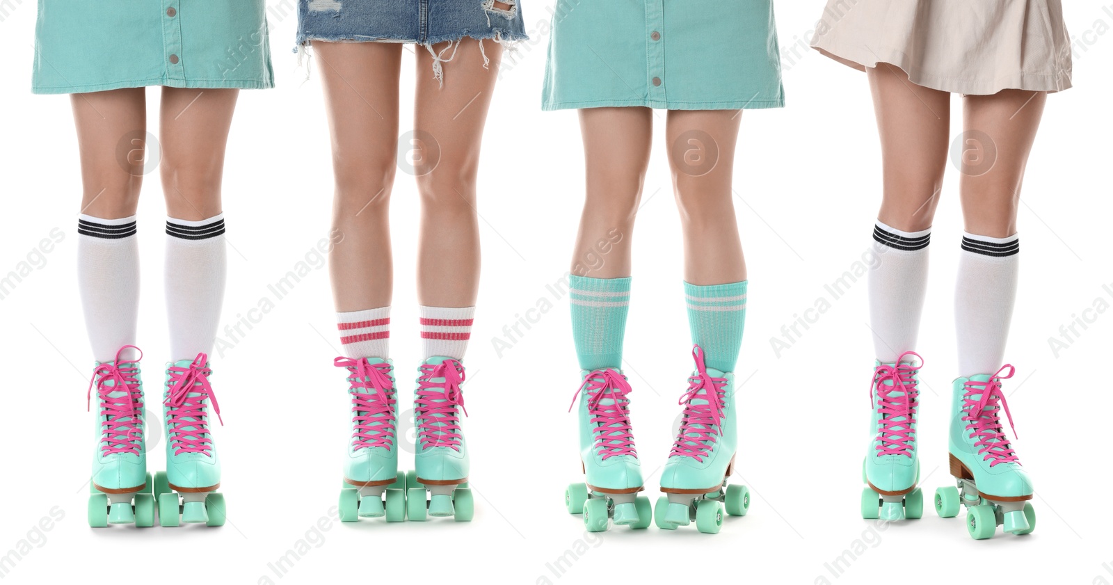 Image of Women in retro roller skates on white background, closeup. Collage