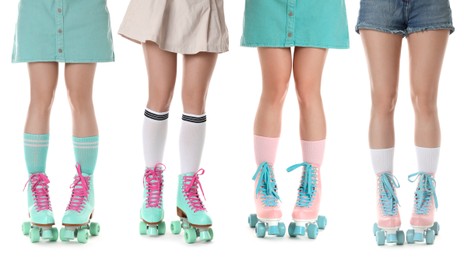 Image of Women in retro roller skates on white background, closeup. Collage