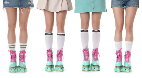 Image of Women in retro roller skates on white background, closeup. Collage