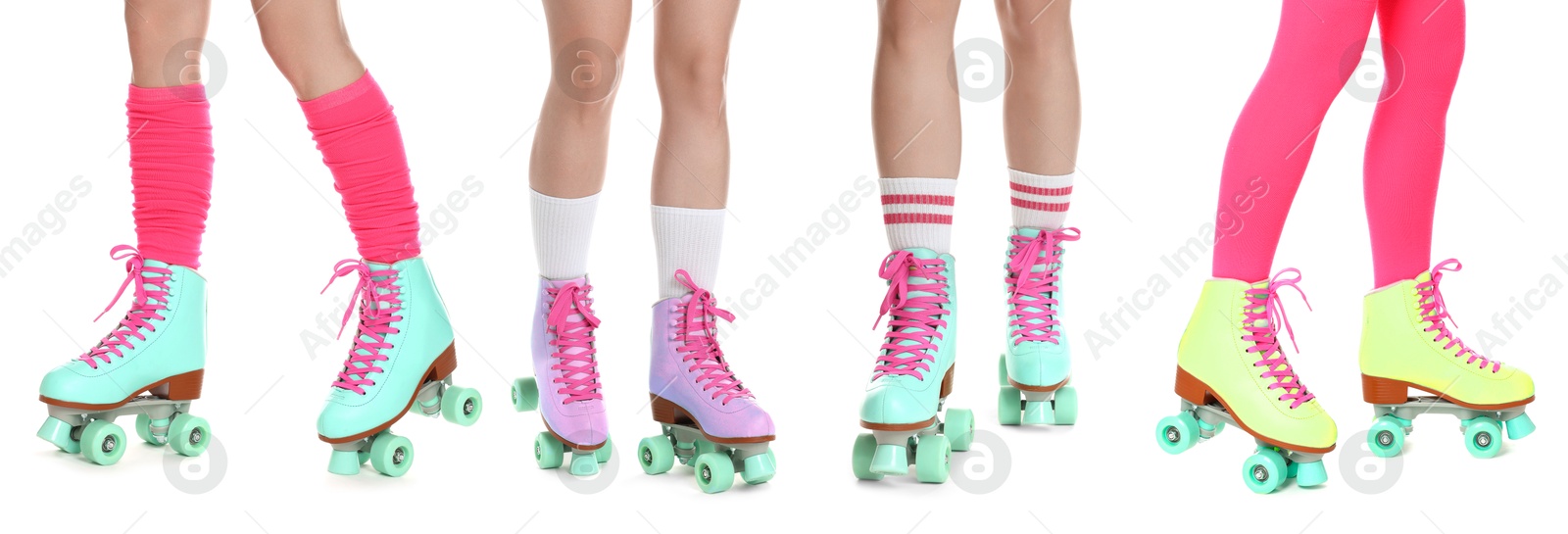 Image of Women in retro roller skates on white background, closeup. Collage