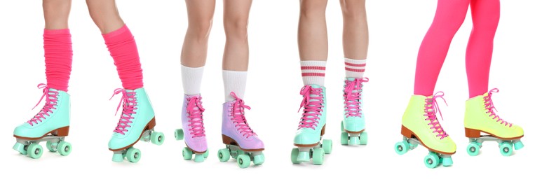 Image of Women in retro roller skates on white background, closeup. Collage