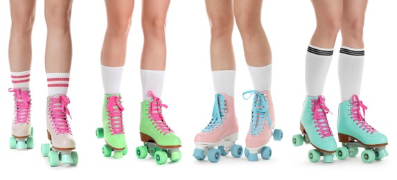 Image of Women in retro roller skates on white background, closeup. Collage