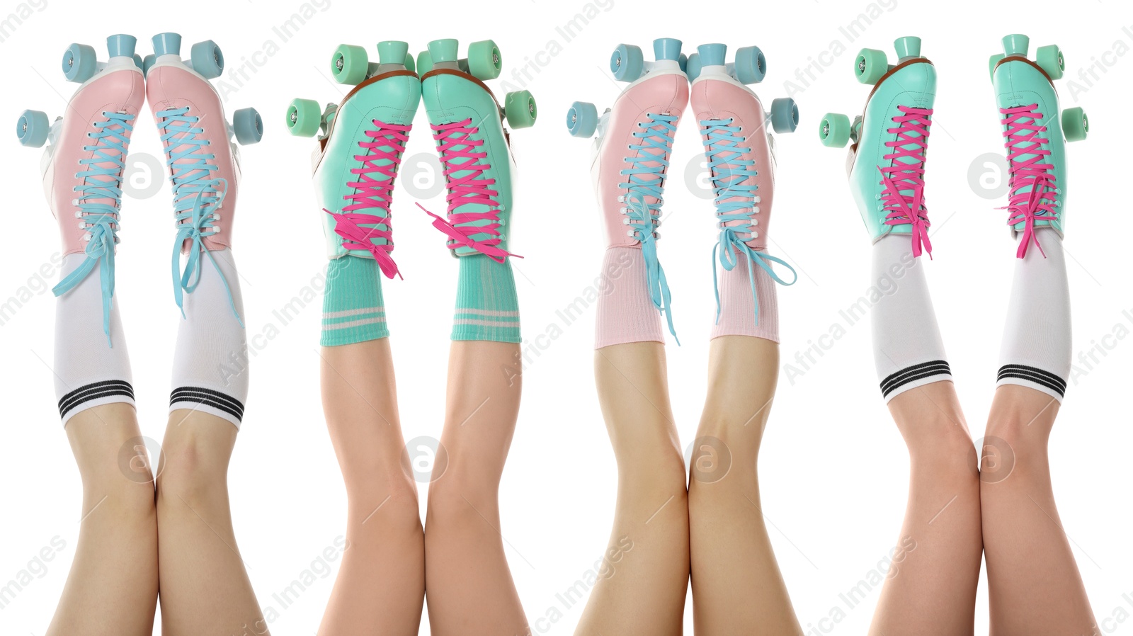 Women in retro roller skates on white background, closeup. Collage Image of Women in retro roller skates on white background, closeup. Collage