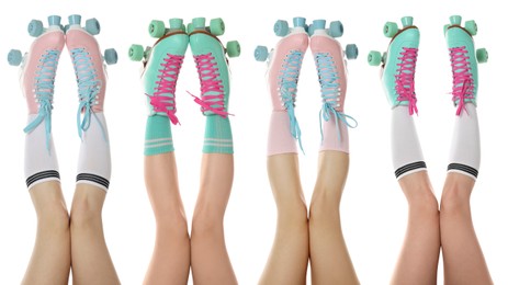 Image of Women in retro roller skates on white background, closeup. Collage