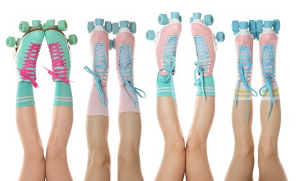 Image of Women in retro roller skates on white background, closeup. Collage