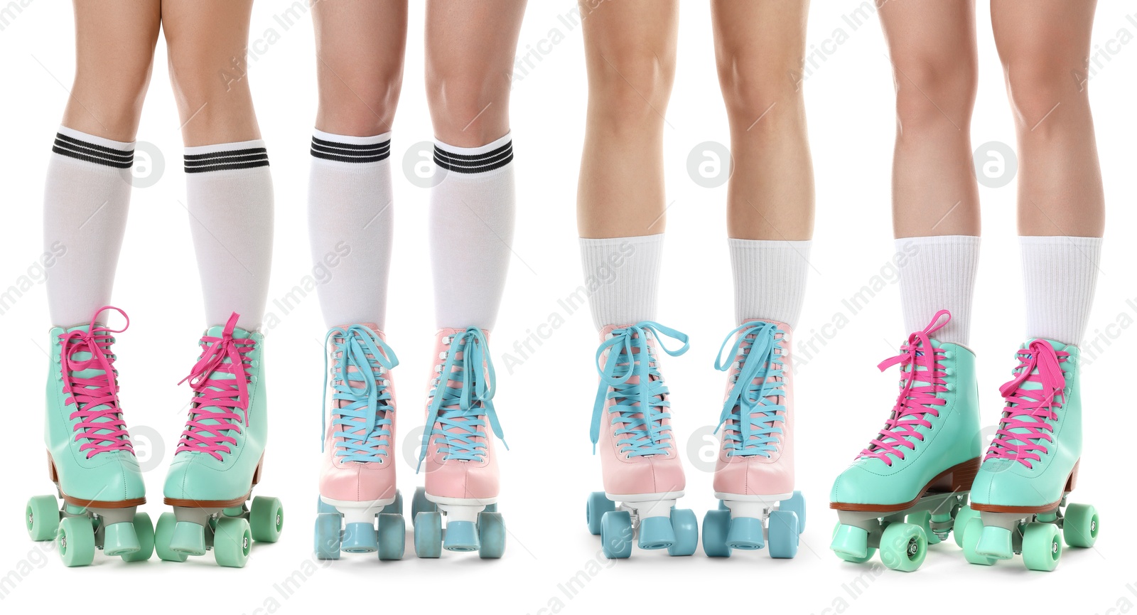 Women in retro roller skates on white background, closeup. Collage Image of Women in retro roller skates on white background, closeup. Collage