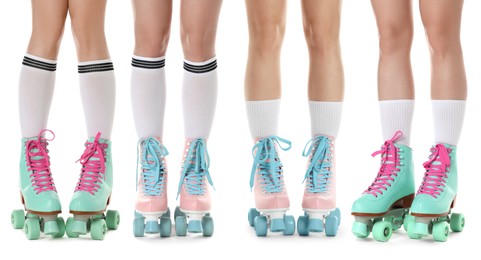 Image of Women in retro roller skates on white background, closeup. Collage