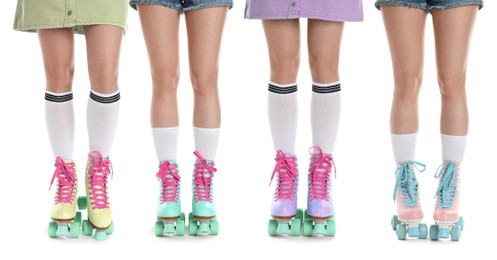Image of Women in retro roller skates on white background, closeup. Collage