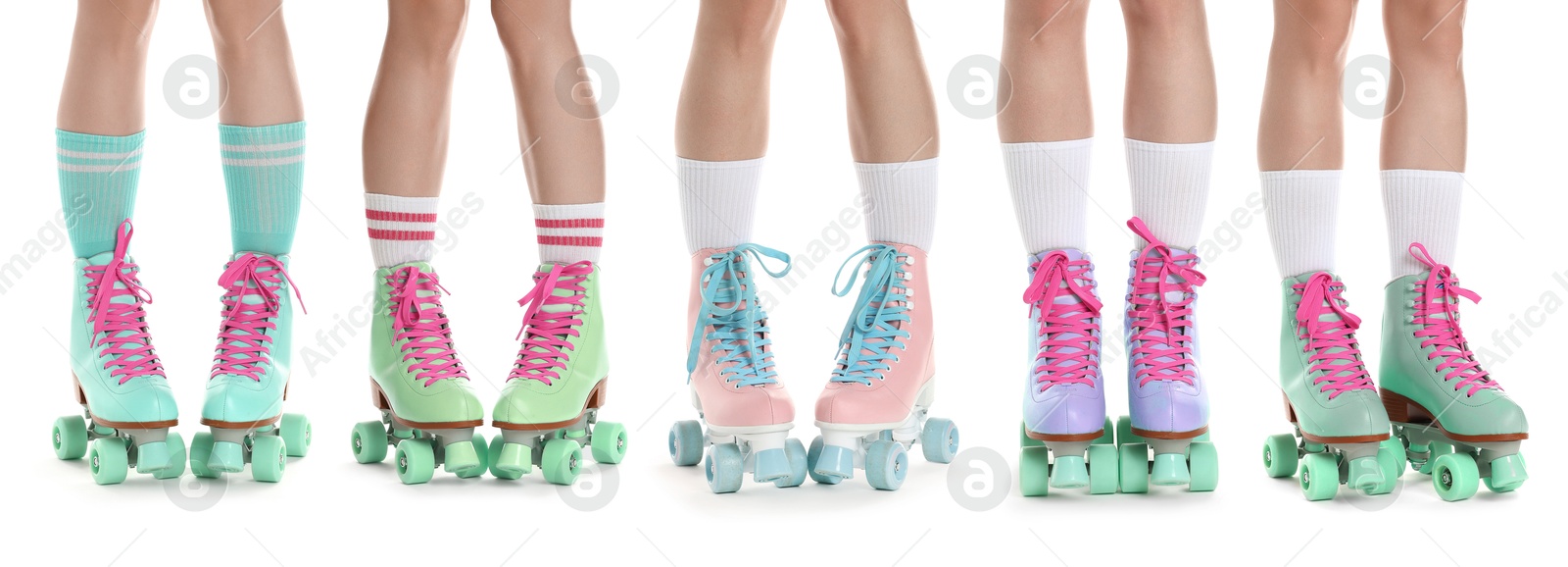 Image of Women in retro roller skates on white background, closeup. Collage