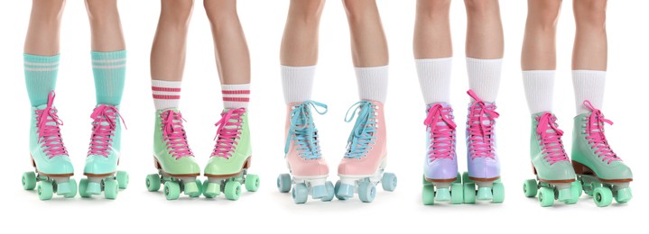 Image of Women in retro roller skates on white background, closeup. Collage