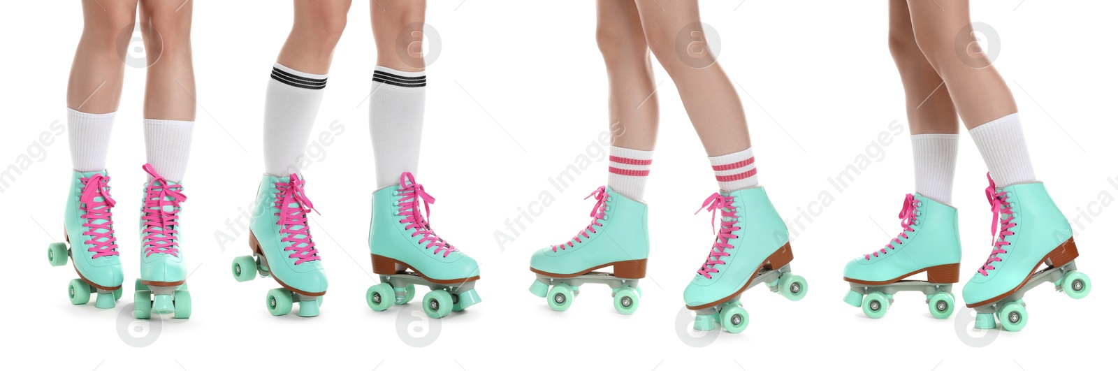 Women in retro roller skates on white background, closeup. Collage Image of Women in retro roller skates on white background, closeup. Collage
