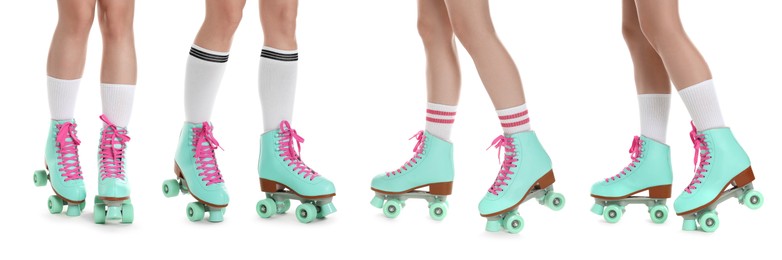 Image of Women in retro roller skates on white background, closeup. Collage