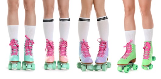 Image of Women in retro roller skates on white background, closeup. Collage
