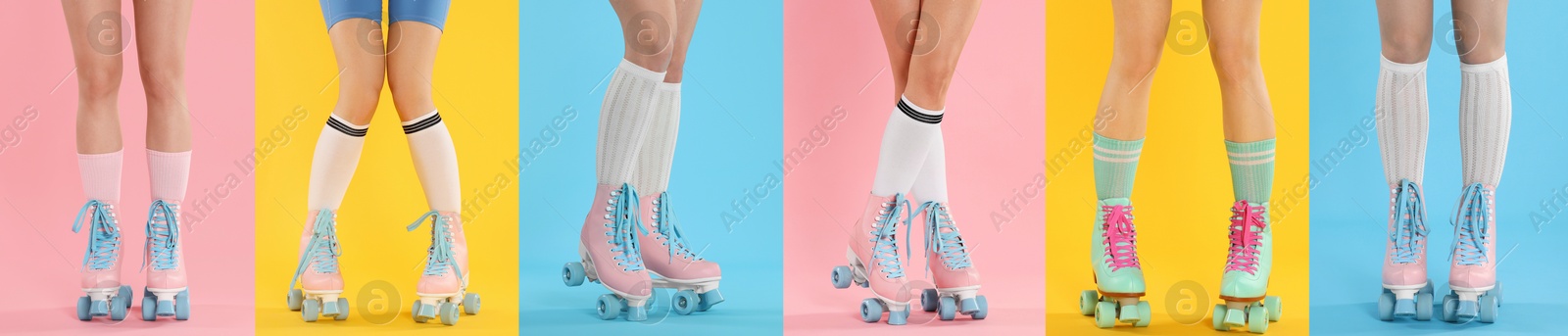 Women in retro roller skates on color backgrounds, closeup. Collage of photos Image of Women in retro roller skates on color backgrounds, closeup. Collage of photos