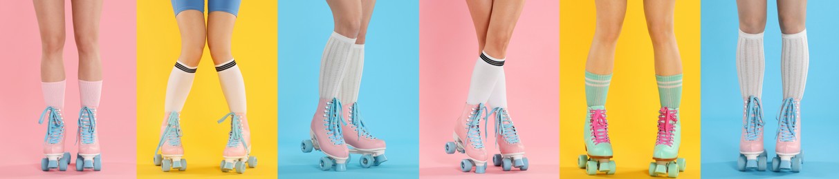 Image of Women in retro roller skates on color backgrounds, closeup. Collage of photos