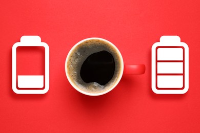 Image of Cup of coffee and battery indicators on red background, top view. Restoring energy with caffeine