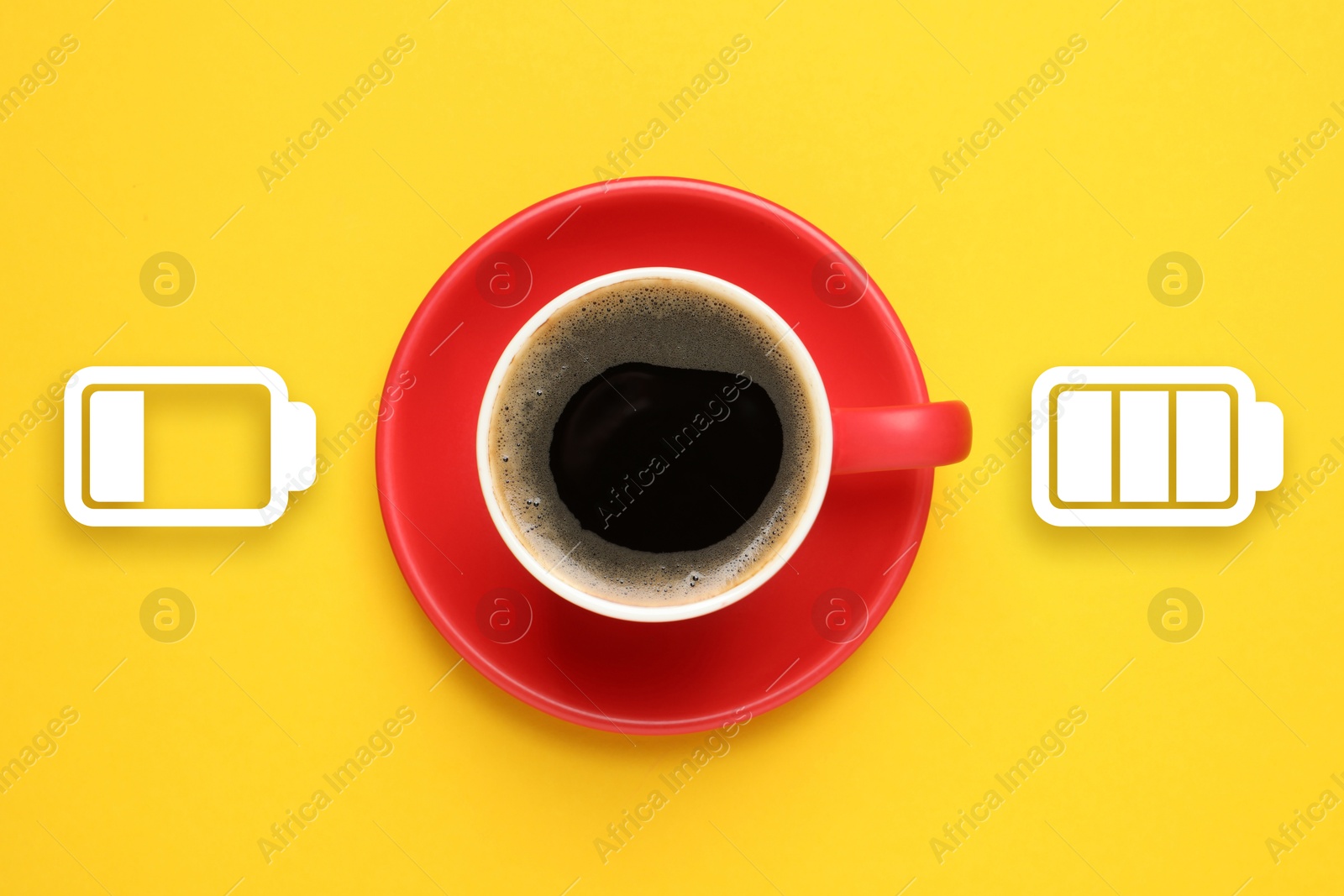Cup of coffee and indicators on yellow background, top view. Low level battery becoming fully charged after caffeine consumption Image of Cup of coffee and indicators on yellow background, top view. Low level battery becoming fully charged after caffeine consumption
