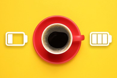 Image of Cup of coffee and indicators on yellow background, top view. Low level battery becoming fully charged after caffeine consumption