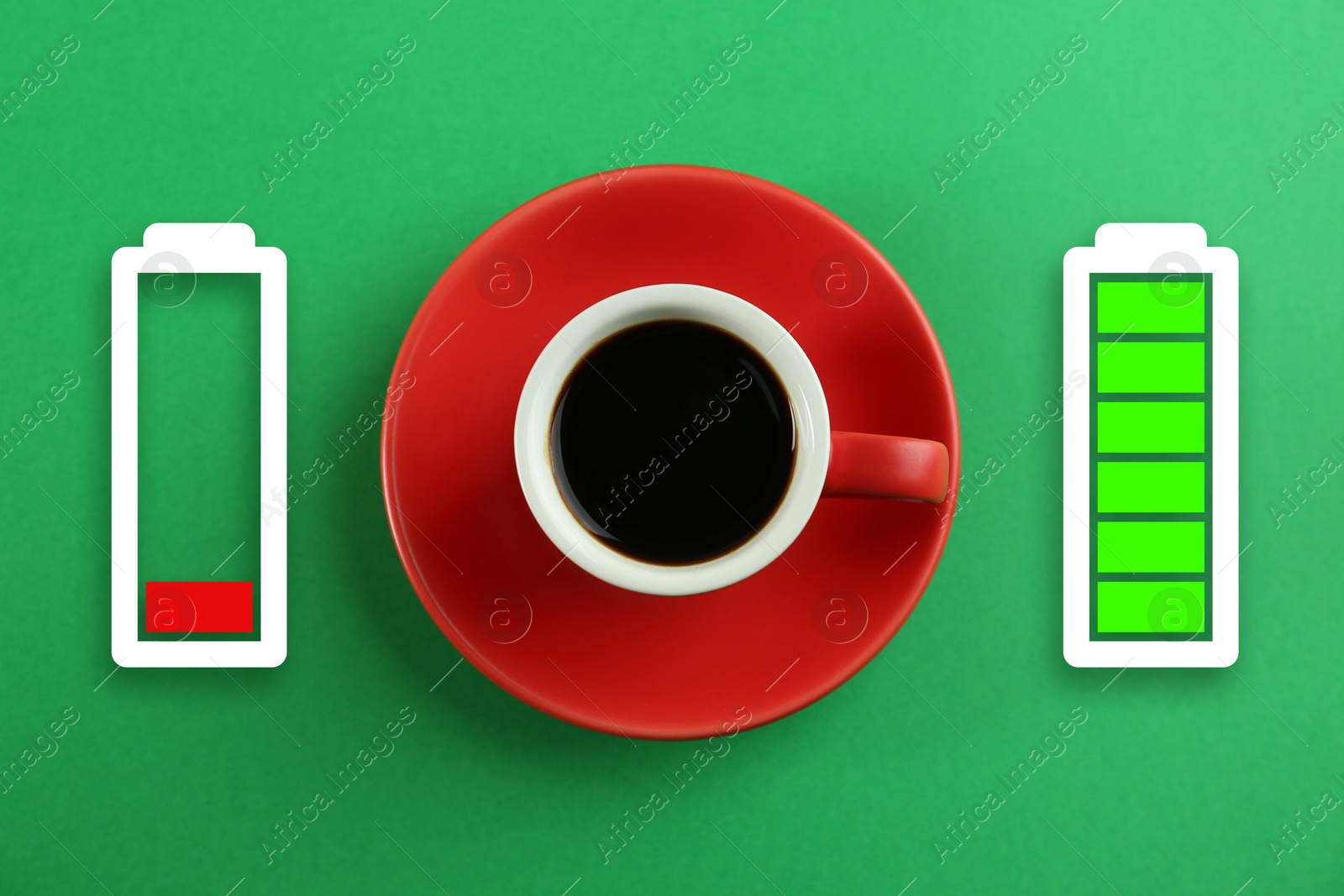 Cup of coffee, low level and fully charged battery indicators on green background, top view. Restoring energy with caffeine Image of Cup of coffee, low level and fully charged battery indicators on green background, top view. Restoring energy with caffeine