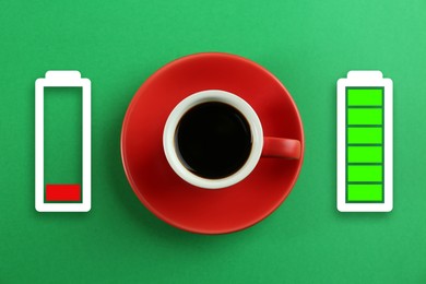 Image of Cup of coffee, low level and fully charged battery indicators on green background, top view. Restoring energy with caffeine