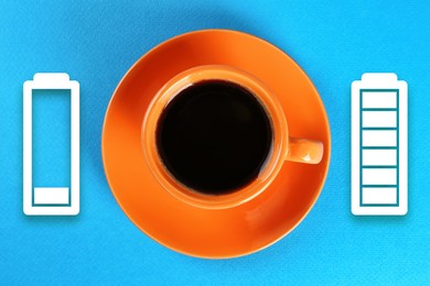 Image of Cup of coffee and battery indicators on blue background, top view. Restoring energy with caffeine
