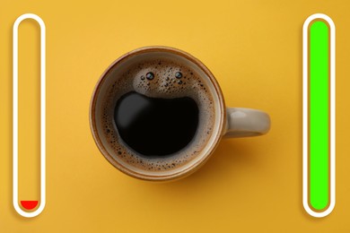 Image of Cup of coffee and indicators on orange background, top view. Low level battery becoming fully charged after caffeine consumption
