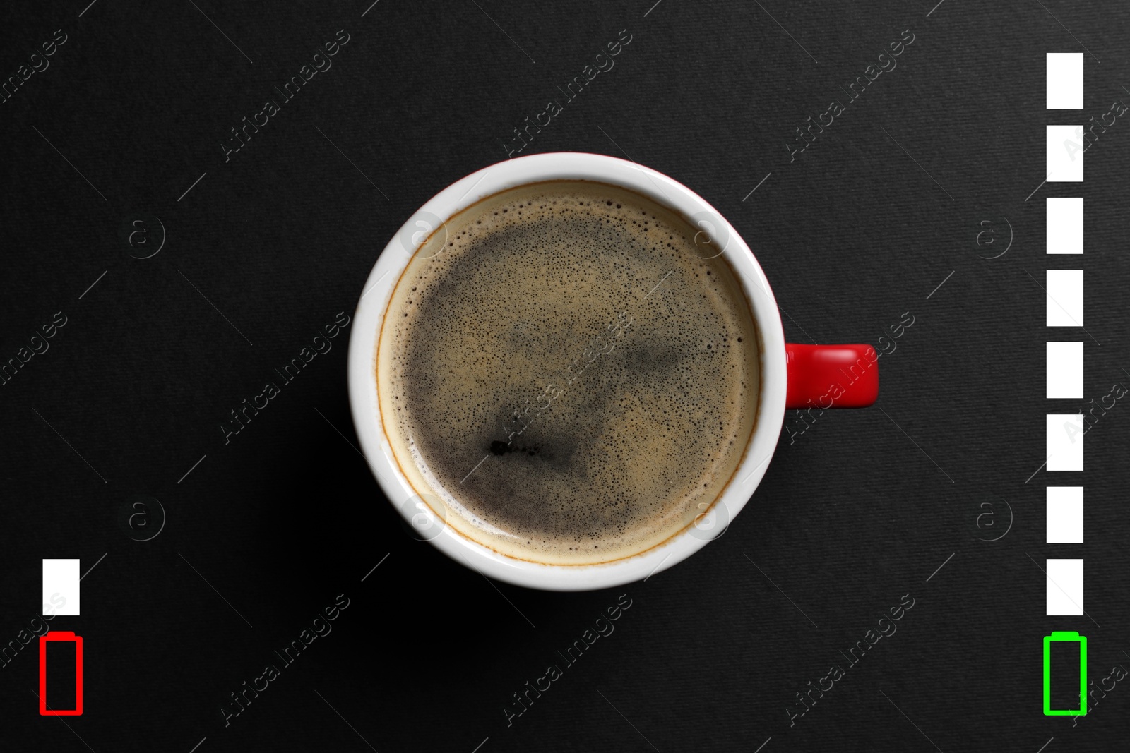 Cup of coffee and indicators on black background, top view. Low level battery becoming fully charged after caffeine consumption Image of Cup of coffee and indicators on black background, top view. Low level battery becoming fully charged after caffeine consumption