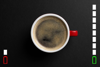 Image of Cup of coffee and indicators on black background, top view. Low level battery becoming fully charged after caffeine consumption
