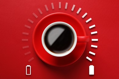 Image of Cup of coffee and energy gauge on red background, top view. Low level battery becoming fully charged after caffeine consumption