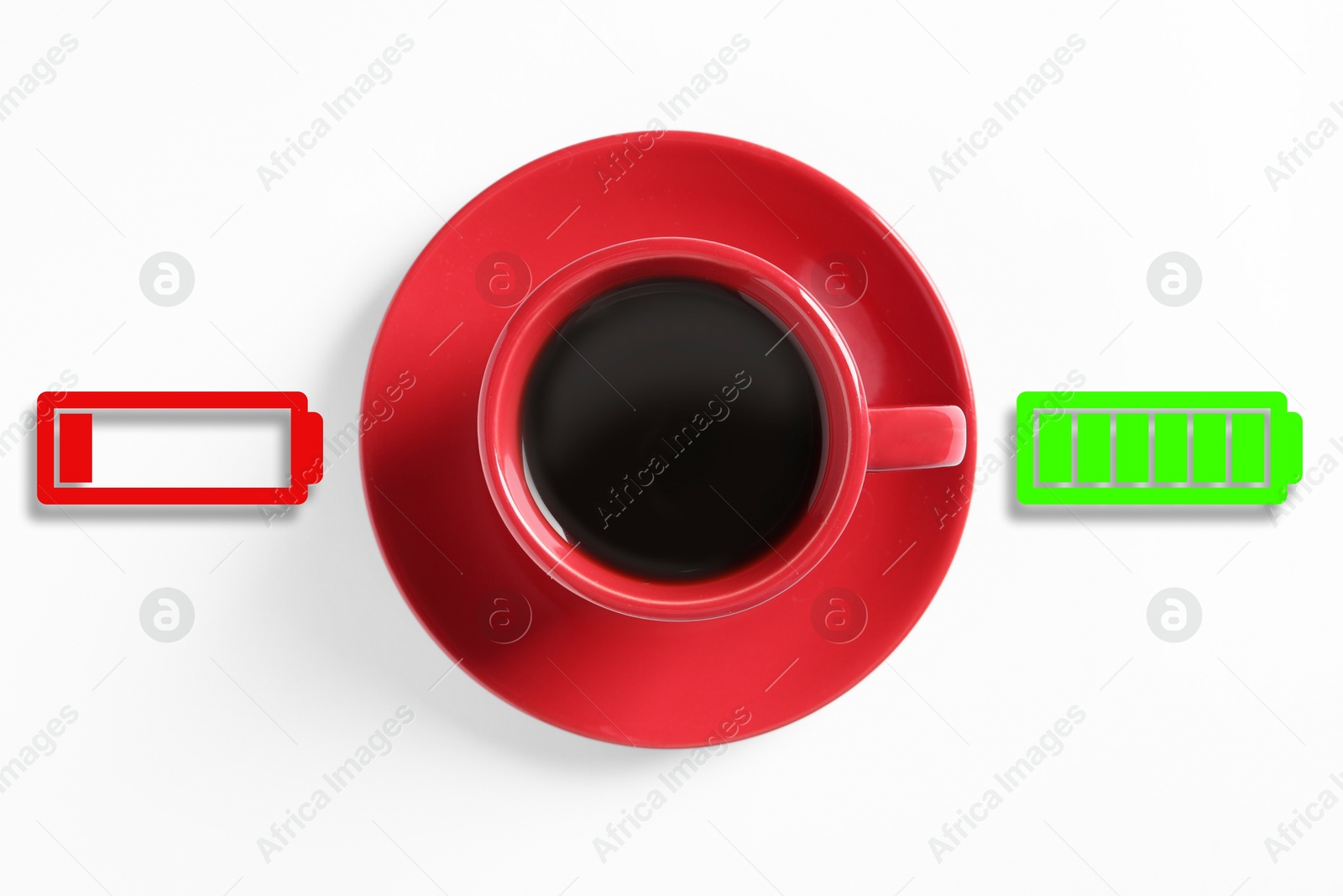 Cup of coffee, low level and fully charged battery indicators on white background, top view. Restoring energy with caffeine Image of Cup of coffee, low level and fully charged battery indicators on white background, top view. Restoring energy with caffeine