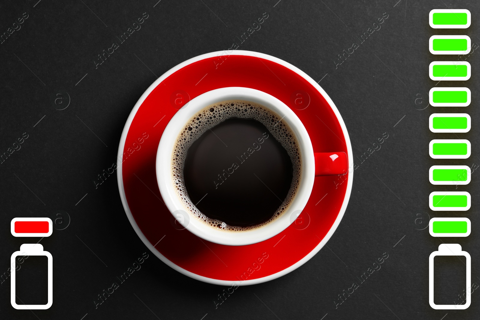 Cup of coffee, low level and fully charged battery indicators on black background, top view. Restoring energy with caffeine Image of Cup of coffee, low level and fully charged battery indicators on black background, top view. Restoring energy with caffeine