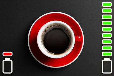 Image of Cup of coffee, low level and fully charged battery indicators on black background, top view. Restoring energy with caffeine