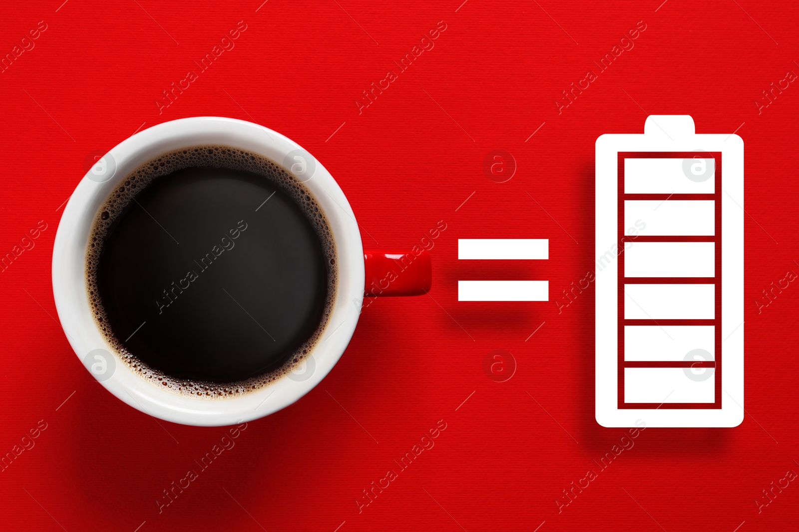 Cup of coffee equals fully charged battery on red background, top view. Restoring energy with caffeine consumption Image of Cup of coffee equals fully charged battery on red background, top view. Restoring energy with caffeine consumption