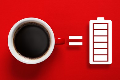 Image of Cup of coffee equals fully charged battery on red background, top view. Restoring energy with caffeine consumption
