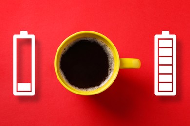 Image of Cup of coffee and battery indicators on red background, top view. Restoring energy with caffeine