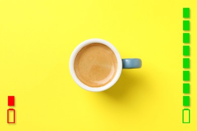 Image of Cup of coffee, low level and fully charged battery indicators on yellow background, top view. Restoring energy with caffeine