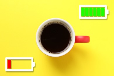 Image of Cup of coffee and battery indicators on yellow background, top view. Restoring energy with caffeine