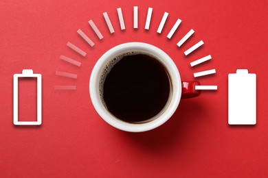 Image of Cup of coffee and energy gauge on red background, top view. Low level battery becoming fully charged after caffeine consumption