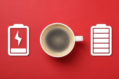 Image of Cup of coffee and battery indicators on red background, top view. Restoring energy with caffeine