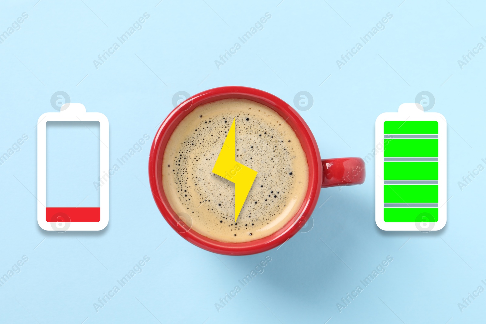 Cup of coffee, low level and fully charged battery indicators on light blue background, top view. Restoring energy with caffeine Image of Cup of coffee, low level and fully charged battery indicators on light blue background, top view. Restoring energy with caffeine