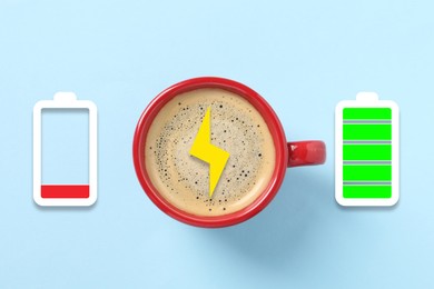 Image of Cup of coffee, low level and fully charged battery indicators on light blue background, top view. Restoring energy with caffeine
