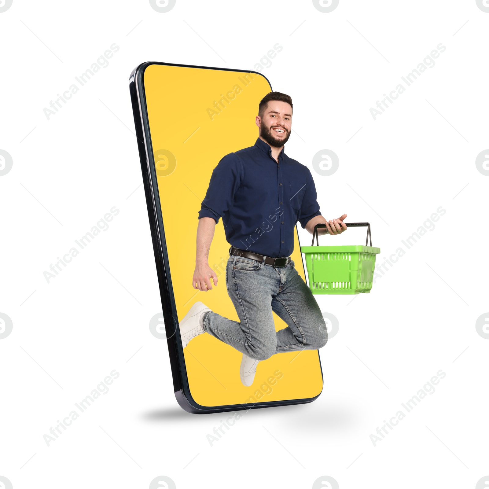Man with shopping basket jumping out of mobile phone against white background. Online ordering Image of Man with shopping basket jumping out of mobile phone against white background. Online ordering