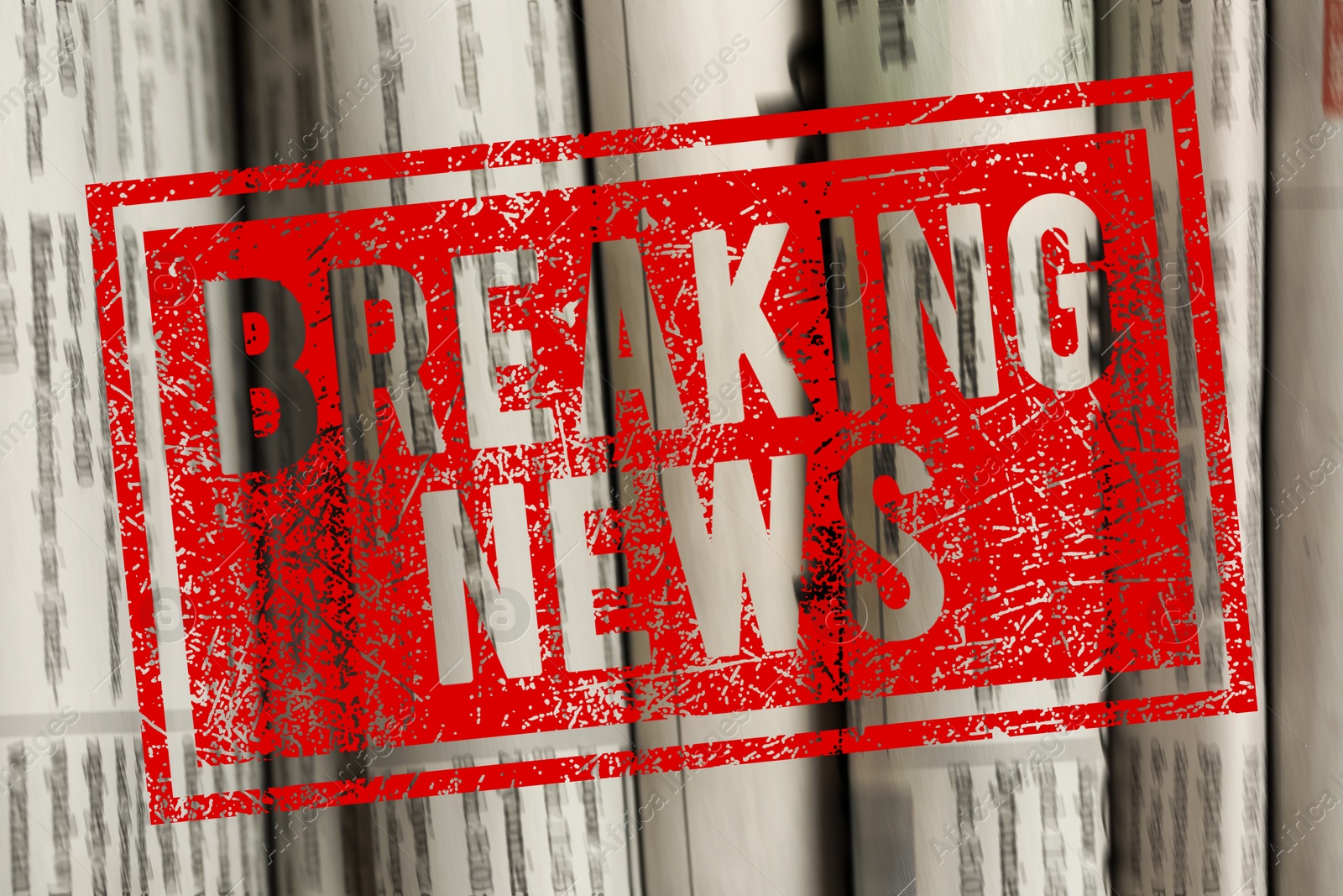 Red Breaking News stamp and newspapers as background, closeup Image of Red Breaking News stamp and newspapers as background, closeup