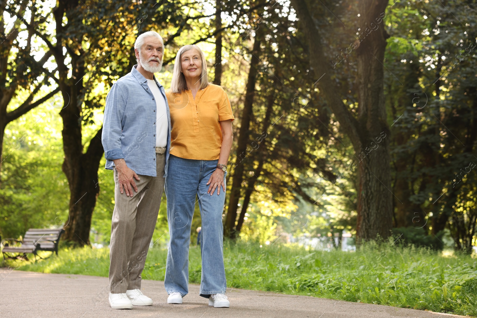 Photo of Lovely senior couple walking together in park, space for text