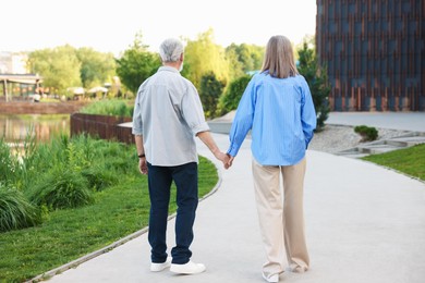 Photo of Lovely senior couple walking together in park, back view