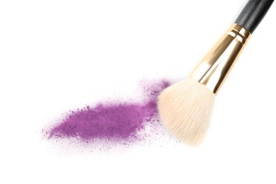 Photo of Makeup brush with violet eye shadow isolated on white, top view