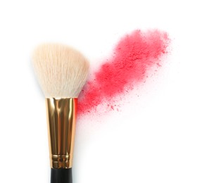 Photo of Makeup brush with pink eye shadow isolated on white, top view