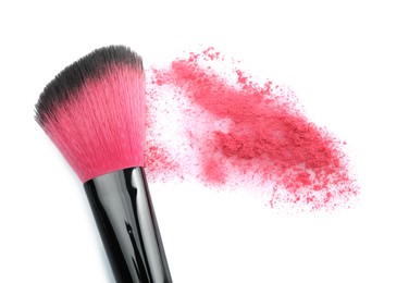 Photo of Makeup brush with pink eye shadow isolated on white, top view