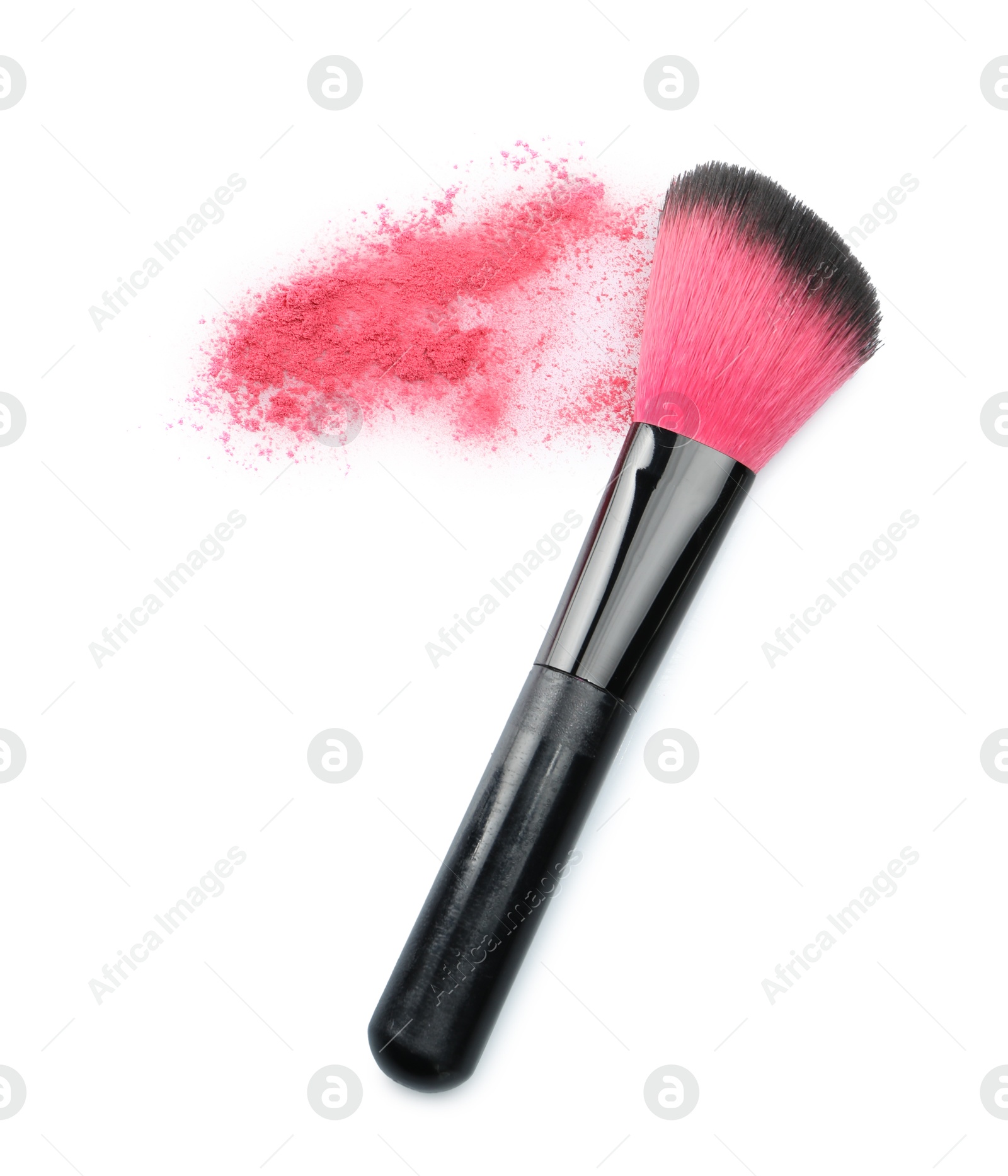 Makeup brush with pink eye shadow isolated on white, top view Photo of Makeup brush with pink eye shadow isolated on white, top view
