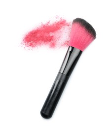 Photo of Makeup brush with pink eye shadow isolated on white, top view
